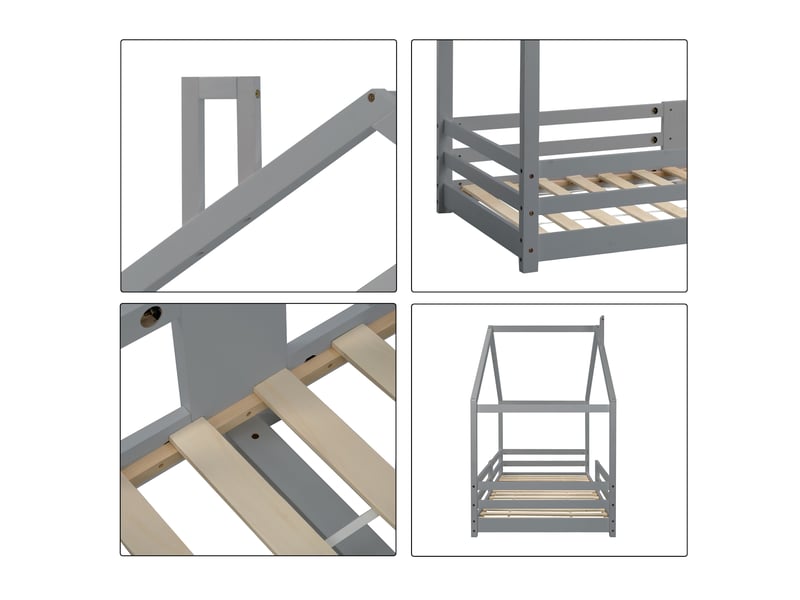 Lit cabane enfant 90x200cm, sommier, décoration de la cheminée de toit,protection, bois, gris, sans matelas - Conforama D