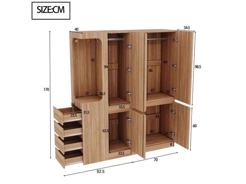  Armoire 140x40x170 cm, avec portes doubles, tiroirs latéraux, style naturel, bois et mdf, finition de bois naturel  - Conforama C