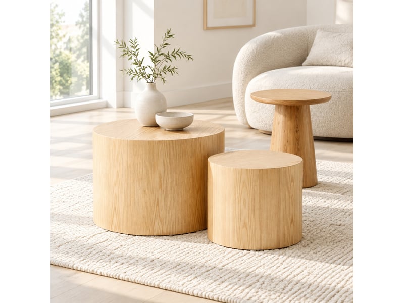  Lot de 2 tables basses rondes gigognes en mdf naturel ø48 et ø38 cm sans montage  - Conforama B