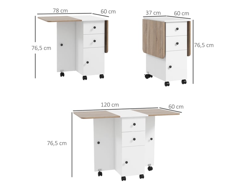  Table de cuisine pliable table à manger pliante 2 plateaux rabattables avec 2 tiroirs 1 placard blanc et chêne  - Conforama E
