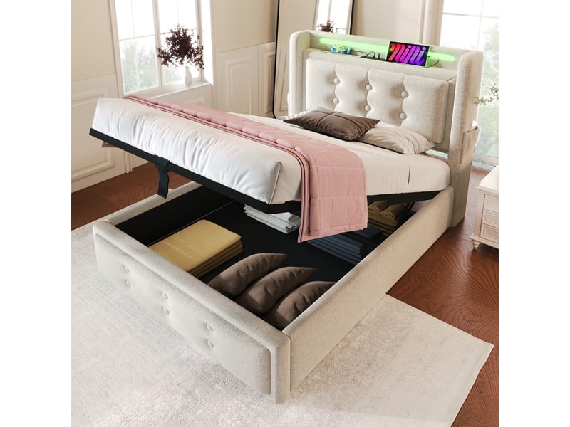 Lit coffre 90 x 200 cm - lit simple avec fonction charge usb c et led - bois, coton, métal - sans matelas - beige - Conforama B