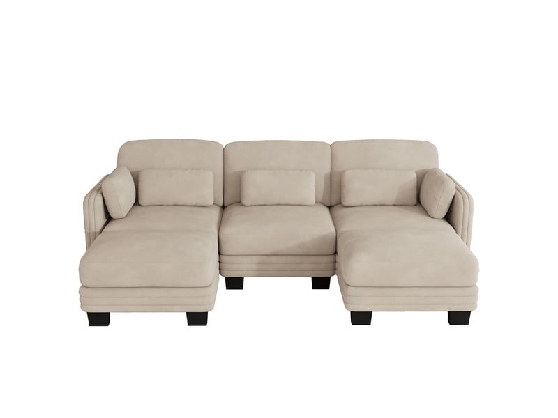  Canapé modulable en u 3 places en chenille avec 2 poufs pour salon café clair  - Conforama A
