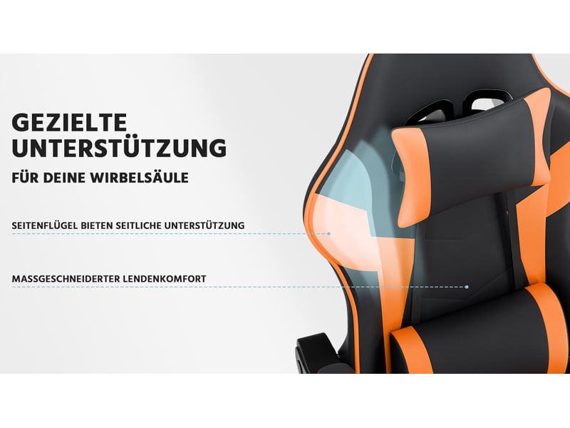  Chaise gaming ergonomique en similicuir noir et orange, avec soutien lombaire, dossier et hauteur réglables, fauteuil de bureau confortable  - Conforama D