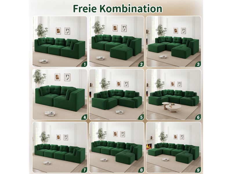  Canapé panoramique modulable 4 places velours côtelé vert – 386 x 177 x 69 cm Fay Lum - Conforama E