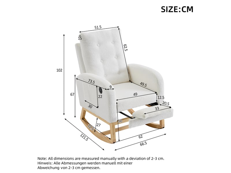  Fauteuil à bascule 66,5x121,5x102 cm, ports usb, repose-pieds et dossier réglables, poches latérales, tissu bouclé, blanc  - Conforama C