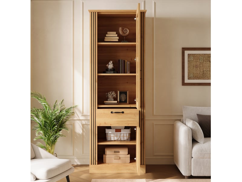  Buffet 62x41x180 cm avec porte, éclairage led piloté par application, tiroir, panneau de particules, couleur naturel  - Conforama E