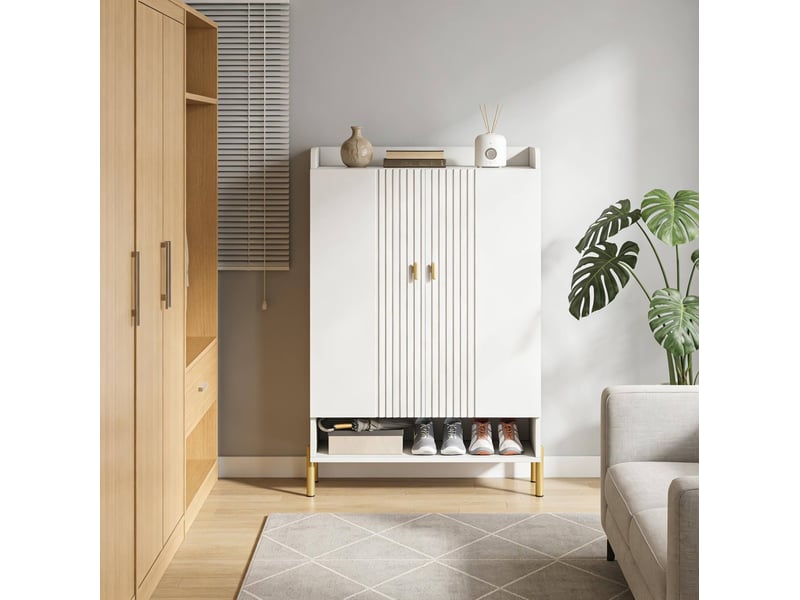  Meuble à chaussures avec 2 portes et étagères réglables pour 20 paires, entrée, blanc, 75 × 36,5 × 110 cm  - Conforama D