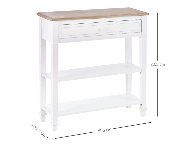  Console blanche et imitation bois avec tiroir et 2 étagères, console d'entrée peu encombrante en mdf, 75,6 x 27,5 x 80,5 cm  - Conforama E