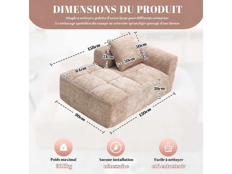  Canapé méridienne une place en chenille avec coussin et poches latérales, 158 x 90 x 60 cm, kaki  - Conforama C