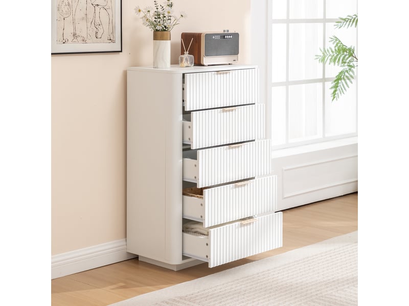  Commode 5 tiroirs, 70x40x108 cm, chiffonnier moderne pour chambre et salon, meuble de rangement en mdf avec coulisses silencieuses, blanc  - Conforama C
