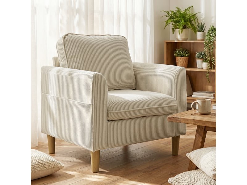  Fauteuil de salon en velours côtelé, canapé 1 place rembourré avec assise large et coussin à ressorts, 83x74x87cm, beige  - Conforama A