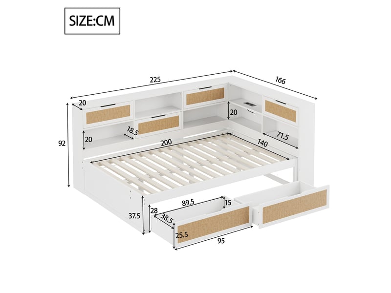 Lit de repos 140x200cm, recharge, espace de rangement, sommier, tête de lit, 2 tiroirs, en bois+mdf, blanc+naturel, sans matelas - Conforama C