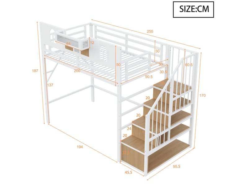  Lit mezzanine, 90x200 cm, bande lumineuse, avec escalier de rangement, matelas non inclus, mdf et métal, coloris blanc  - Conforama C