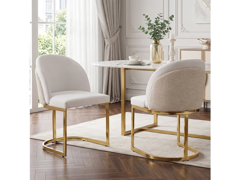  Chaises de salle à manger lot de 2 rembourrées avec dossier double et pieds dorés en chenille beige et or  - Conforama E