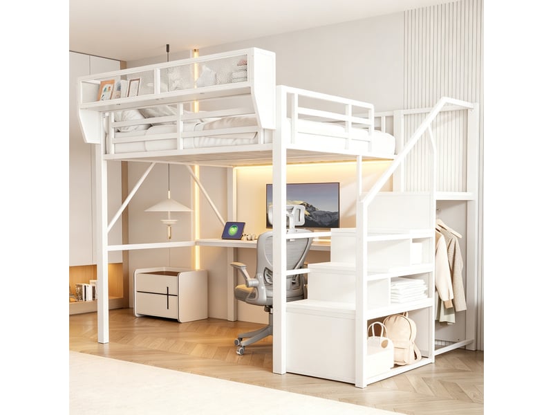  Lit mezzanine 140x200cm - lit double 140x200 en métal avec bureau, escalier de sécurité et éclairage led rgb - blanc  - Conforama B