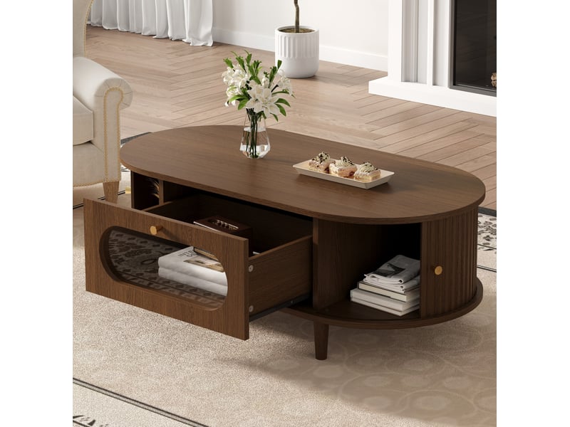  Table basse 100x50x36 cm avec tiroir et 2 portes à rideau en mdf coloris noyer  - Conforama B