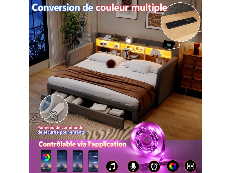 Banquette-lit extensible avec led et rangement, en lin gris, 90 x 200 cm - Conforama D