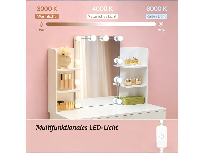  Coiffeuse avec miroir led, 2 tiroirs et 4 étagères, blanc, 90 x 40 x 135 cm T5828P498865 - Conforama E