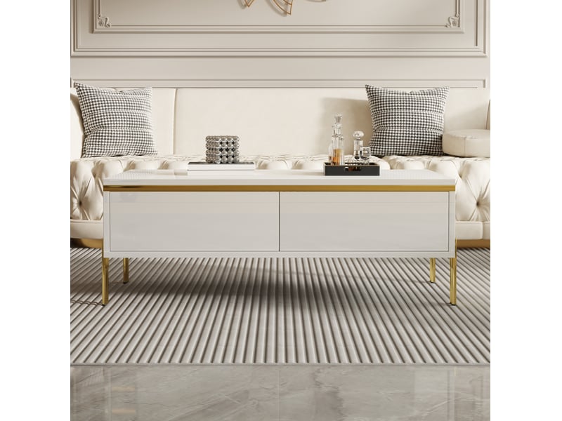  Table basse rectangulaire 100x50x36 cm avec rangement tiroirs double face, pour salon, panneau de particules, blanc  - Conforama D