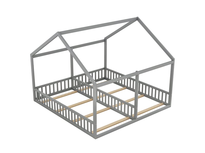  Lit  enfant 2x90x200cm,lit cabane,lit double,lit plat en pin avec barrières,gris lit enfant gris - Conforama C