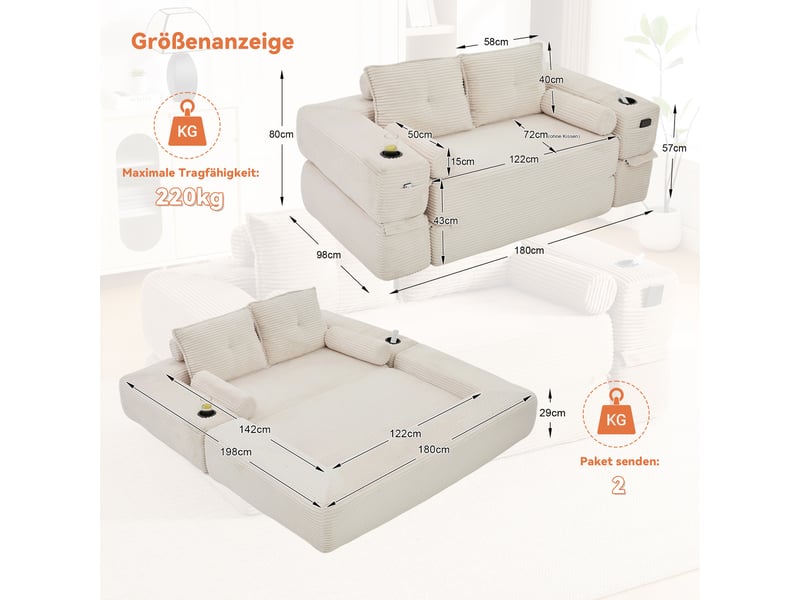  Canapé convertible 2 places en velours côtelé beige avec tiroir intégré et accoudoirs amovibles  - Conforama C
