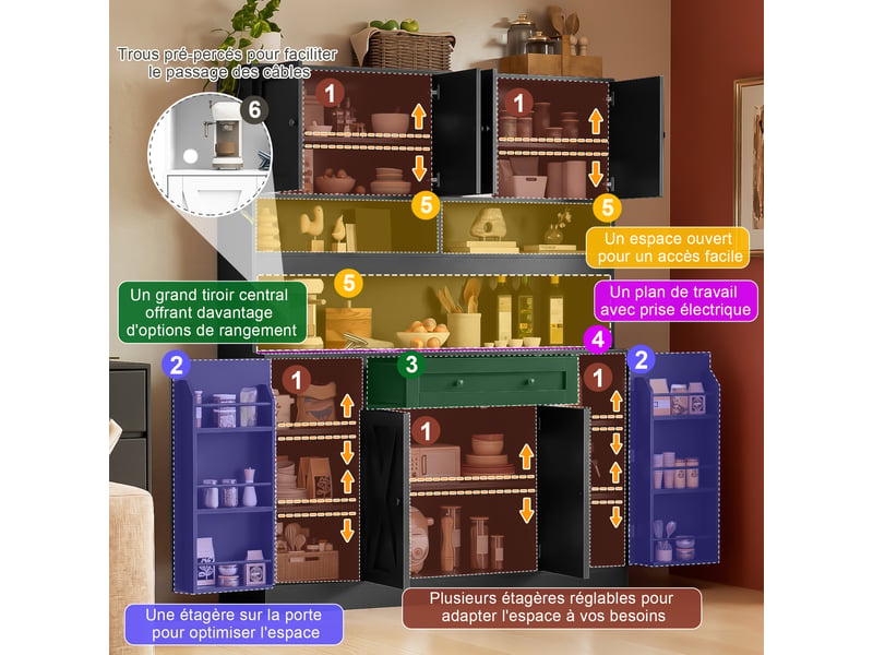  Meuble de cuisine muvano, buffet de cuisine noir avec plan de travail et prise électrique, 140 × 40 × 185 cm  - Conforama R