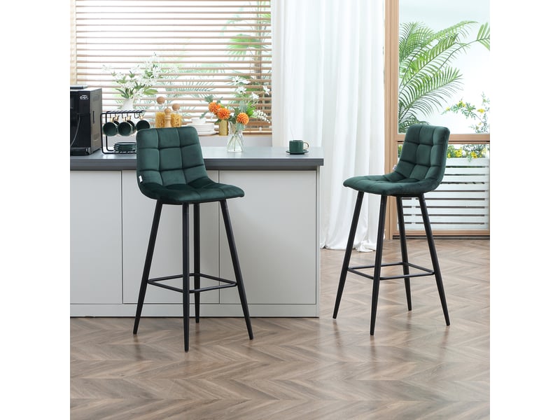  Lot de 2 tabourets de bar design surface en velours capitonné et pieds en acier hauteur 77 cm vert foncé  - Conforama C