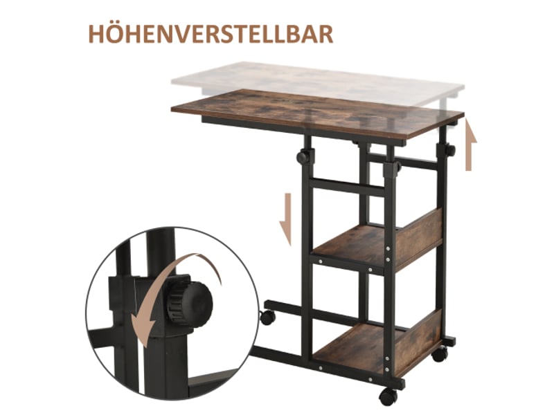  Table d’appoint à roulettes, hauteur réglable 72–82 cm, noir, métal, 80x40 cm, 2 étagères, salon &amp; bureau  - Conforama D