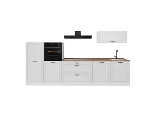 Vicco cuisine, blanc campagneblanc, 340cm plan de travail chêne doré