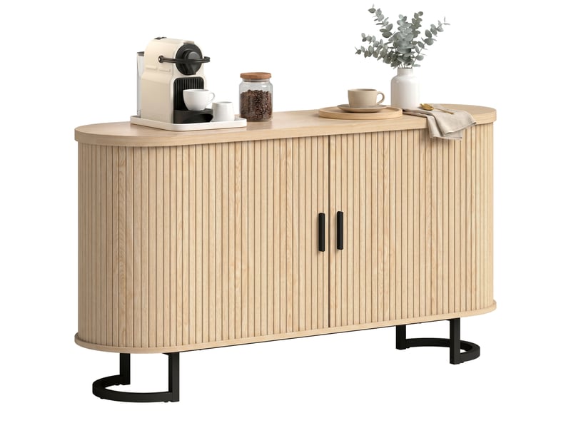  Buffet salon, meuble de rangement ovale avec 2 portes coulissantes et étagères réglables, 140x40x75cm, bois naturel  - Conforama A