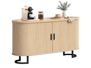 Buffet salon, meuble de rangement ovale avec 2 portes coulissantes et étagères réglables, 140x40x75cm, bois naturel
