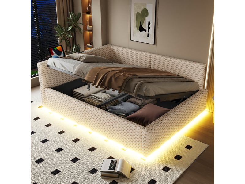  Lit banquette 140 x 200 cm beige en velours avec coffre hydraulique, dossier moelleux en l, led, ports usb type-c, rangement chambre moderne  - Conforama D