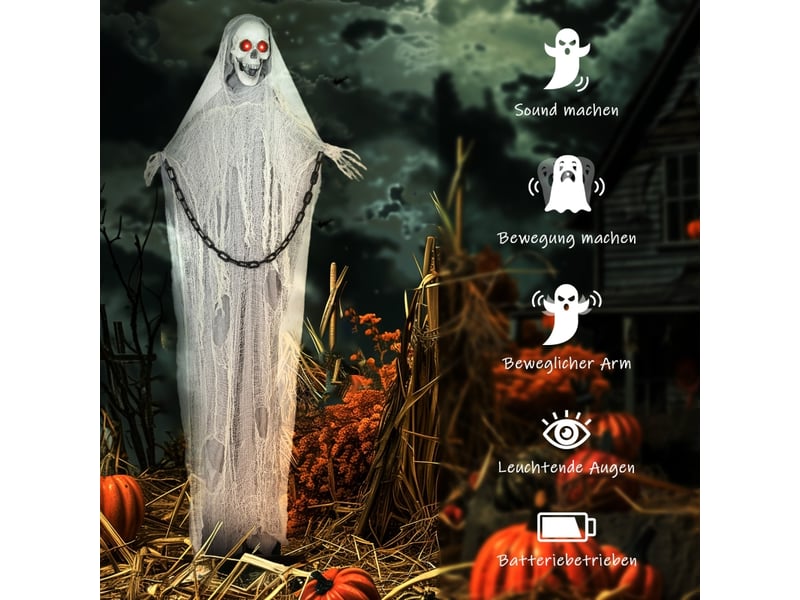 Décoration d’halloween squelette faucheur avec yeux led et activation sonore, pour entrée et fête, en acier, 70×16×183 cm - Conforama E