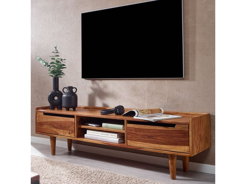  Meuble tv 2 portes 2 niches 145x35x43 cm en bois de sheesham  - Conforama A