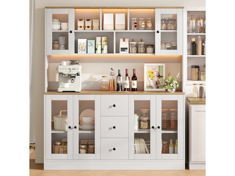  Meuble de cuisine muvano, buffet haut de cuisine avec led, blanc et décor bois, 150 × 40 × 173 cm  - Conforama C