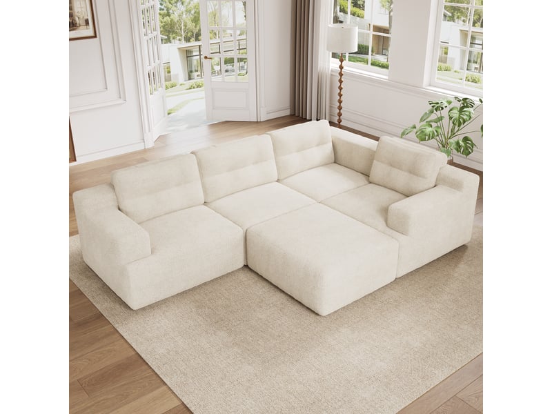  Canapé modulable 5 places en chenille beige, canapé d'angle en mousse sans structure avec pouf pour aménagement de salon et chambre  - Conforama D