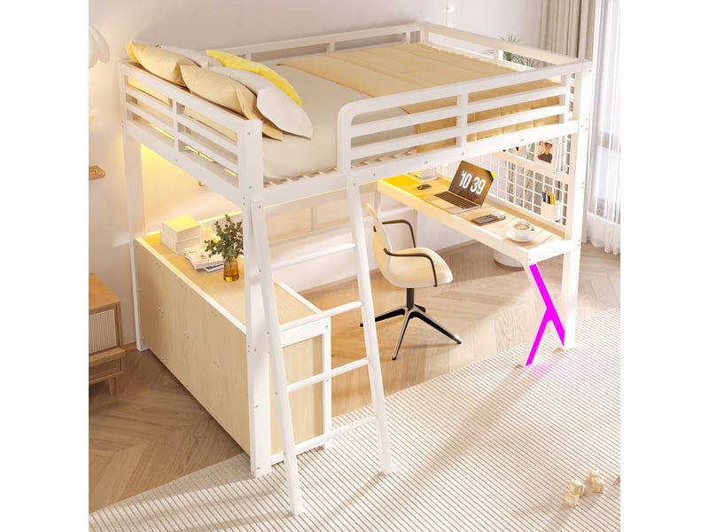  Lit mezzanine 140x200 cm avec bureau, armoire de rangement et led, structure métal et mdf, blanc  - Conforama B