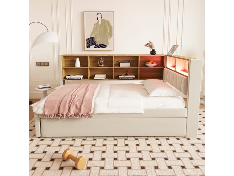  Lit gigogne 90x200 xm, flanelle, beige, avec éclairages led, prises électriques et nombreux espaces de rangement  - Conforama D