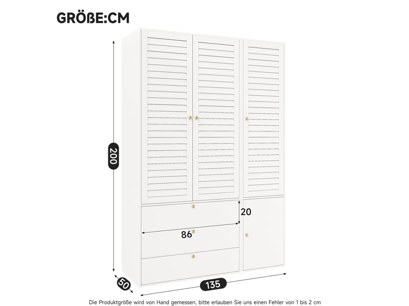 Armoire 3 portes à lamelles 135 x 50 x 200 cm, 3 tiroirs, blanche avec penderies  - Conforama C