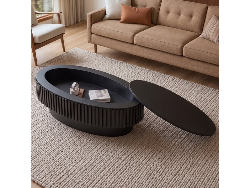  Table basse ovale cannelée avec rangement caché en bois et mdf noir  - Conforama B