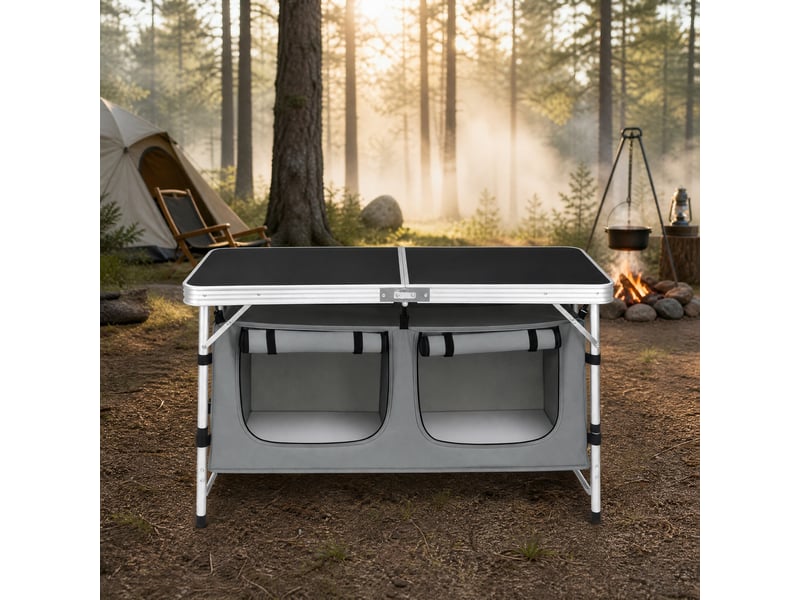  Table de jardin bistrot pliante avec sac suspendu et pieds réglables pour camping, en aluminium et mdf, noir et gris  - Conforama C
