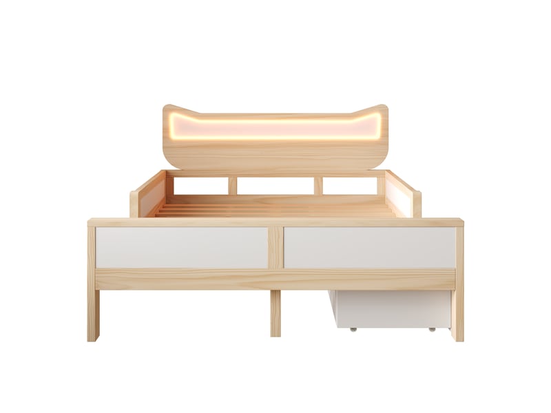 Lit enfant avec rangement 140 x 200 cm, tiroirs et niches modulables, sommier inclus, blanc et chêne - Conforama D