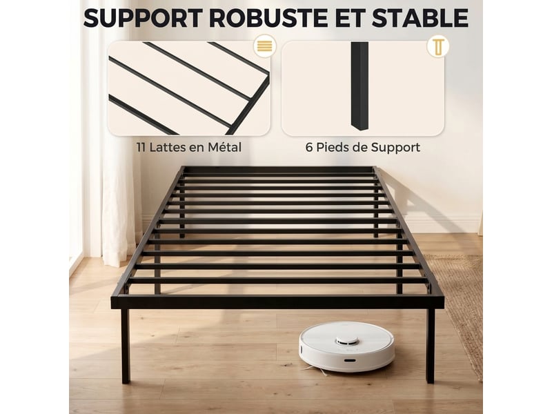  Cadre de lit en métal 90x200 cm lit simple noir avec espace de rangement sous le lit sans tête de lit  - Conforama D