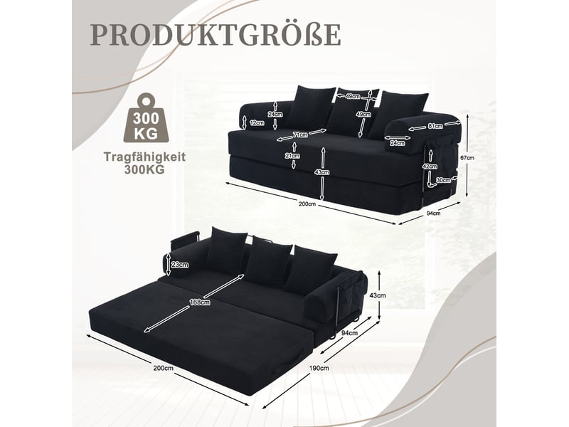  Canapé convertible modulable 200x94x67 cm avec 3 coussins, structure métal, noir  - Conforama C
