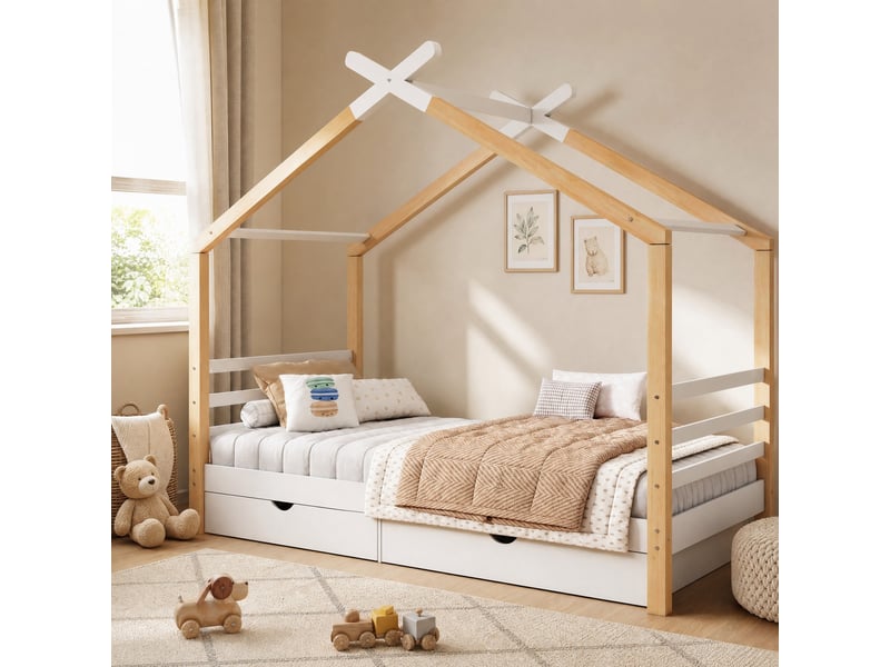Lit enfant cabane avec tiroirs blanc et bois clair 90 x 200 cm - Conforama B