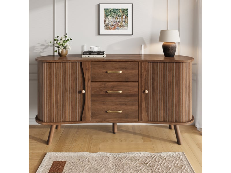 Buffet bas de rangement 150 cm effet noyer, 2 portes coulissantes rainurées, 3 tiroirs, étagères réglables et pieds en bois massif - Conforama B