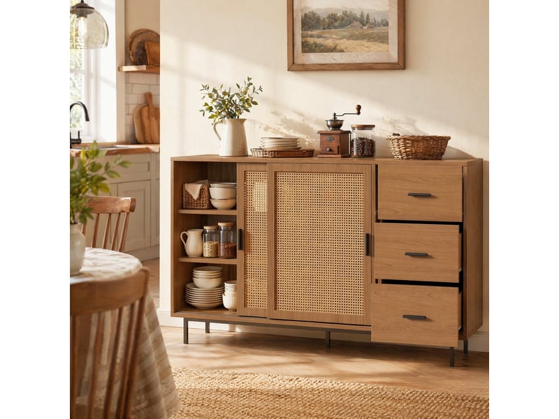  Buffet avec 2 portes coulissantes en rotin, 3 tiroirs et 3 étagères, en panneaux de particules, naturel, 140 × 37 × 91 cm  - Conforama B