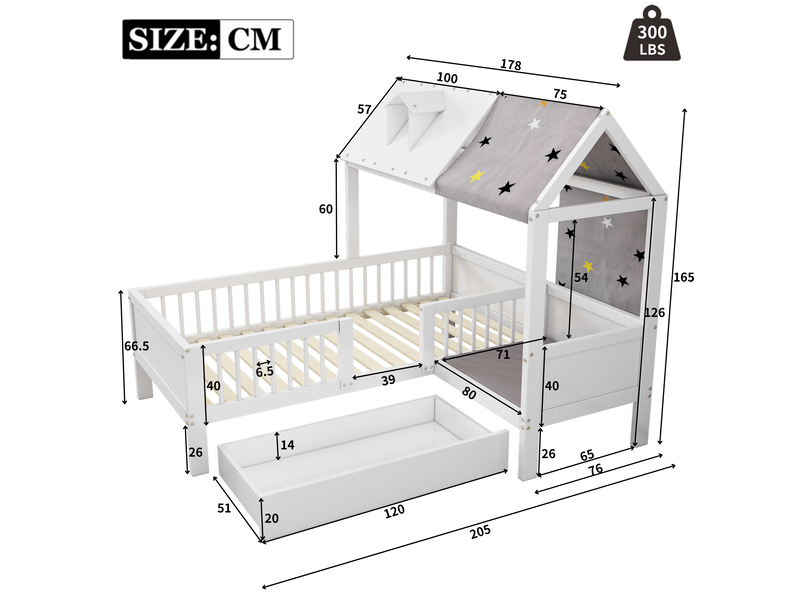  Lit enfant 90x200 cm en bois massif et mdf avec rangements et tissu, structure maison, sans matelas, blanc ORFRN634P1819156W - Conforama C