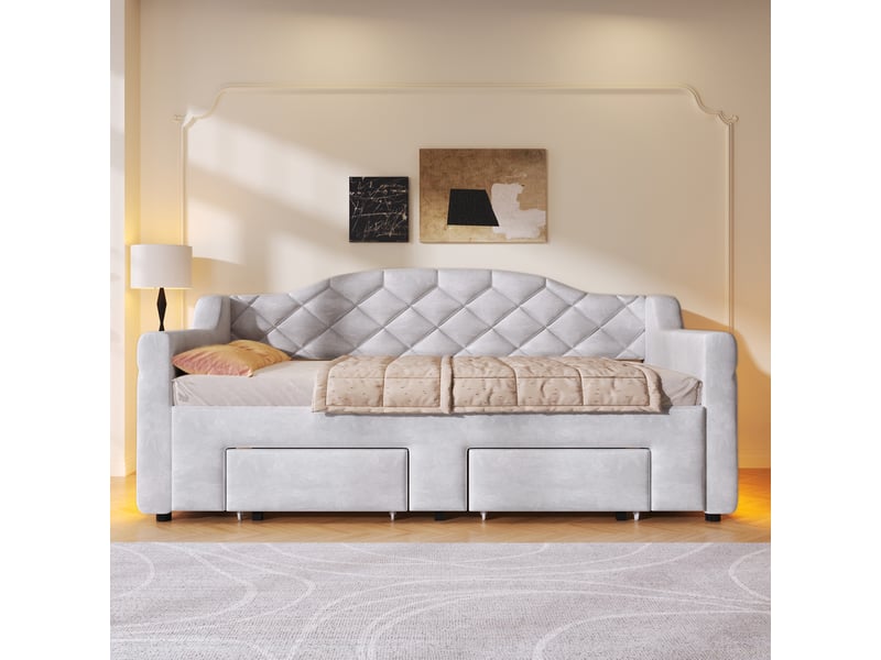 Canapé-lit 90 x 200 cm avec deux tiroirs et éclairage led, lit convertible, lit 1 personne, gris - Conforama E
