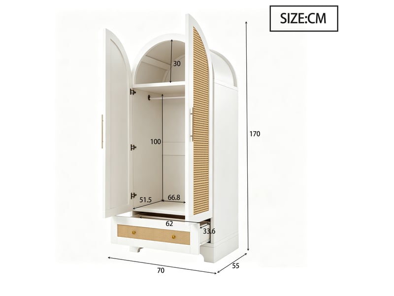 Armoire de chambre 2 portes en rotin 70 x 55 x 170 cm avec tiroir et étagères, design incurvé, meuble de rangement, blanc Sol Morn - Conforama C